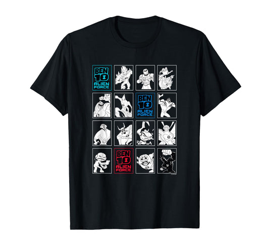 Ben 10: Alien Force Ten Alien Heroes VS Villains B&W Panels T-Shirt