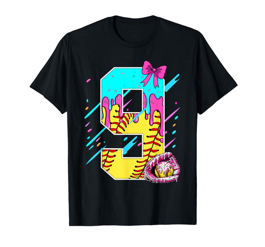9th Birthday Softball Ice Cream Drip Bow 9 Years Kids Gift T-Shirt