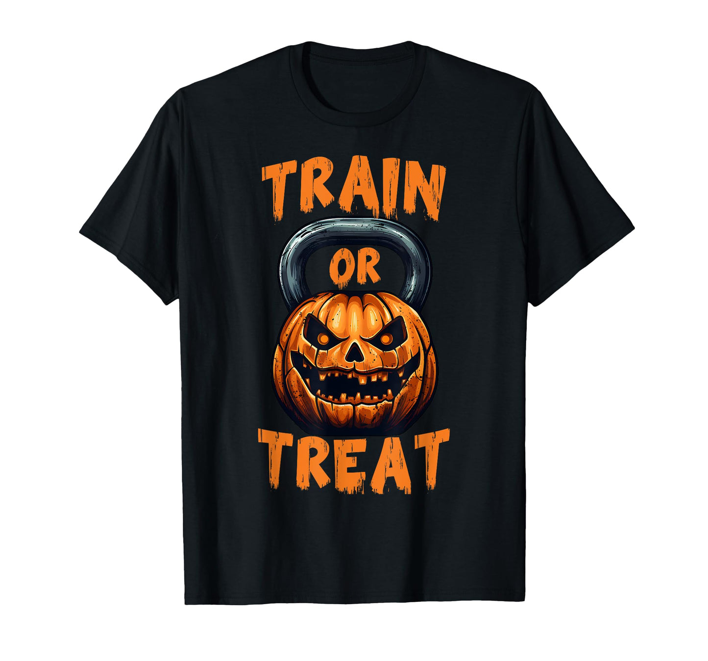 Train or Treat Halloween Pumpkin Kettlebell Gym Workout T-Shirt