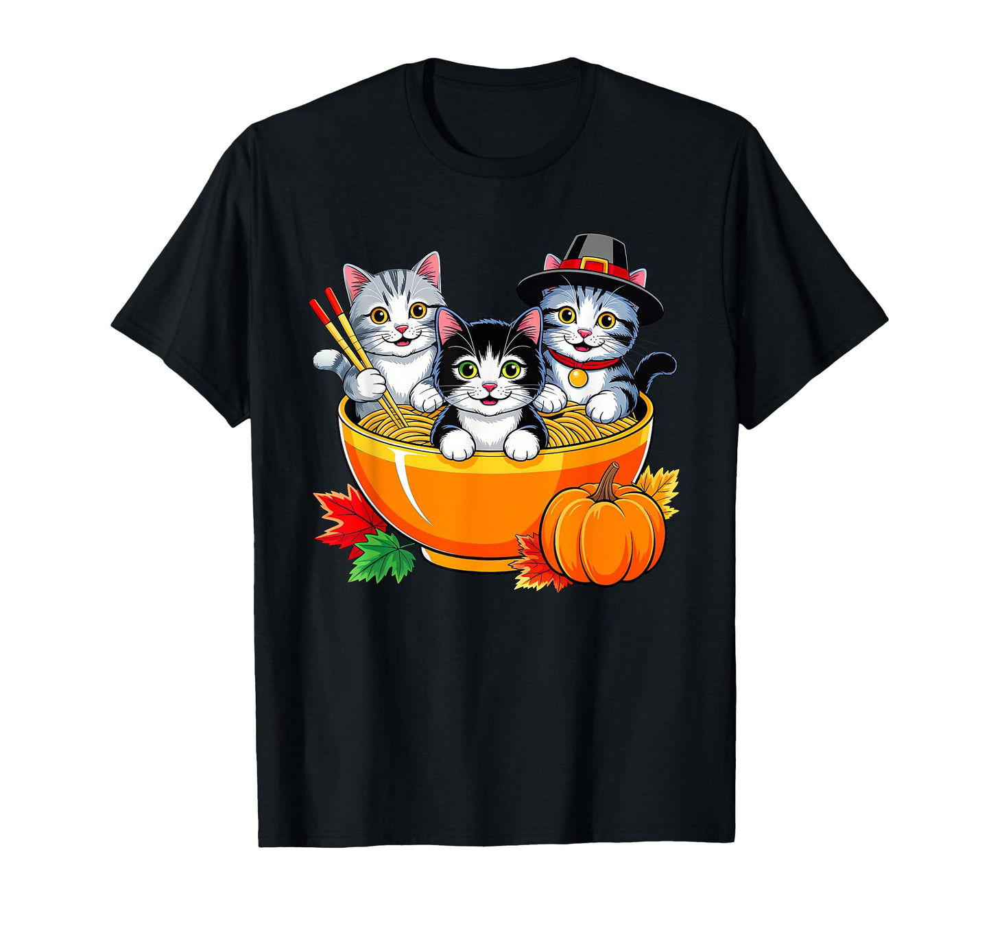 Thanksgiving Cats Ramen Kitten Anime Thankful Fall Men Women T-Shirt