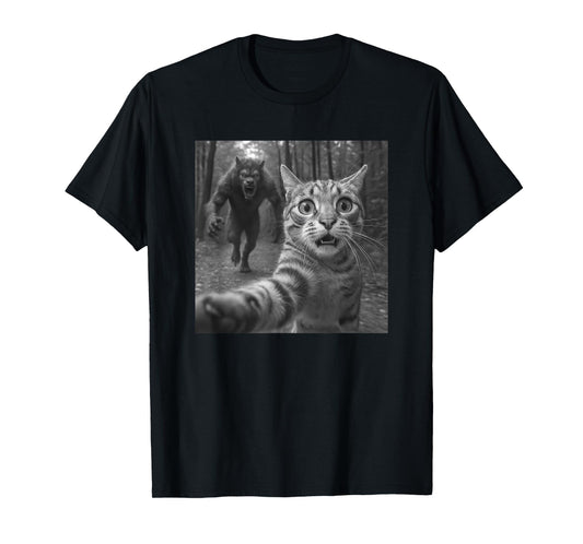 Funny Cat Selfie Werewolf Chase Scary Monster Gift Men Women Kids T-Shirt