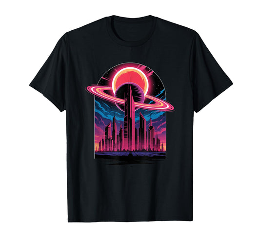 Retro Futuristic Cityscape with Planet and Ring Eclipse T-Shirt
