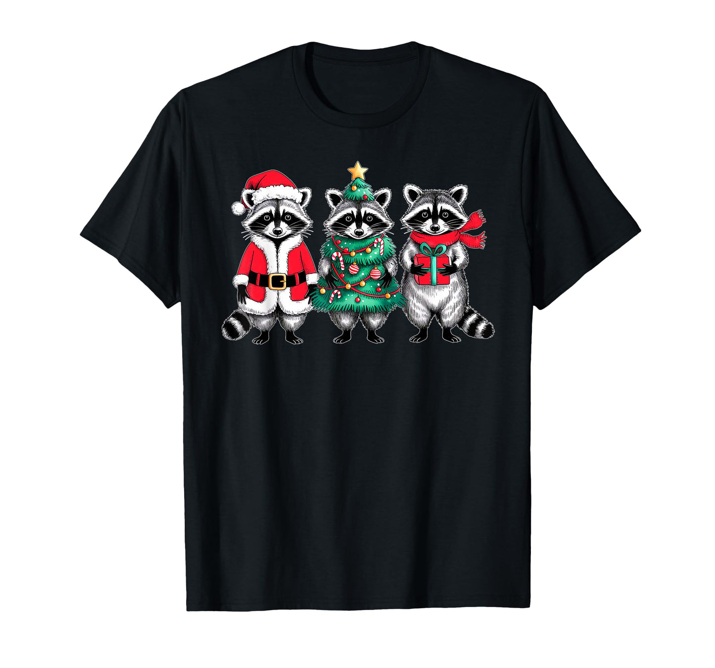 Raccoon Christmas Tree Light Santa Hat Xmas Family Men Women T-Shirt