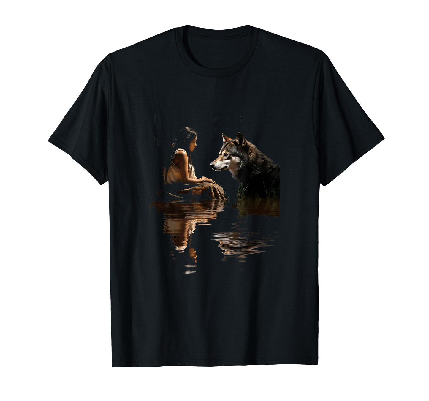 Native American Woman Girl and Wolf In The Lake Indian T-Shirt