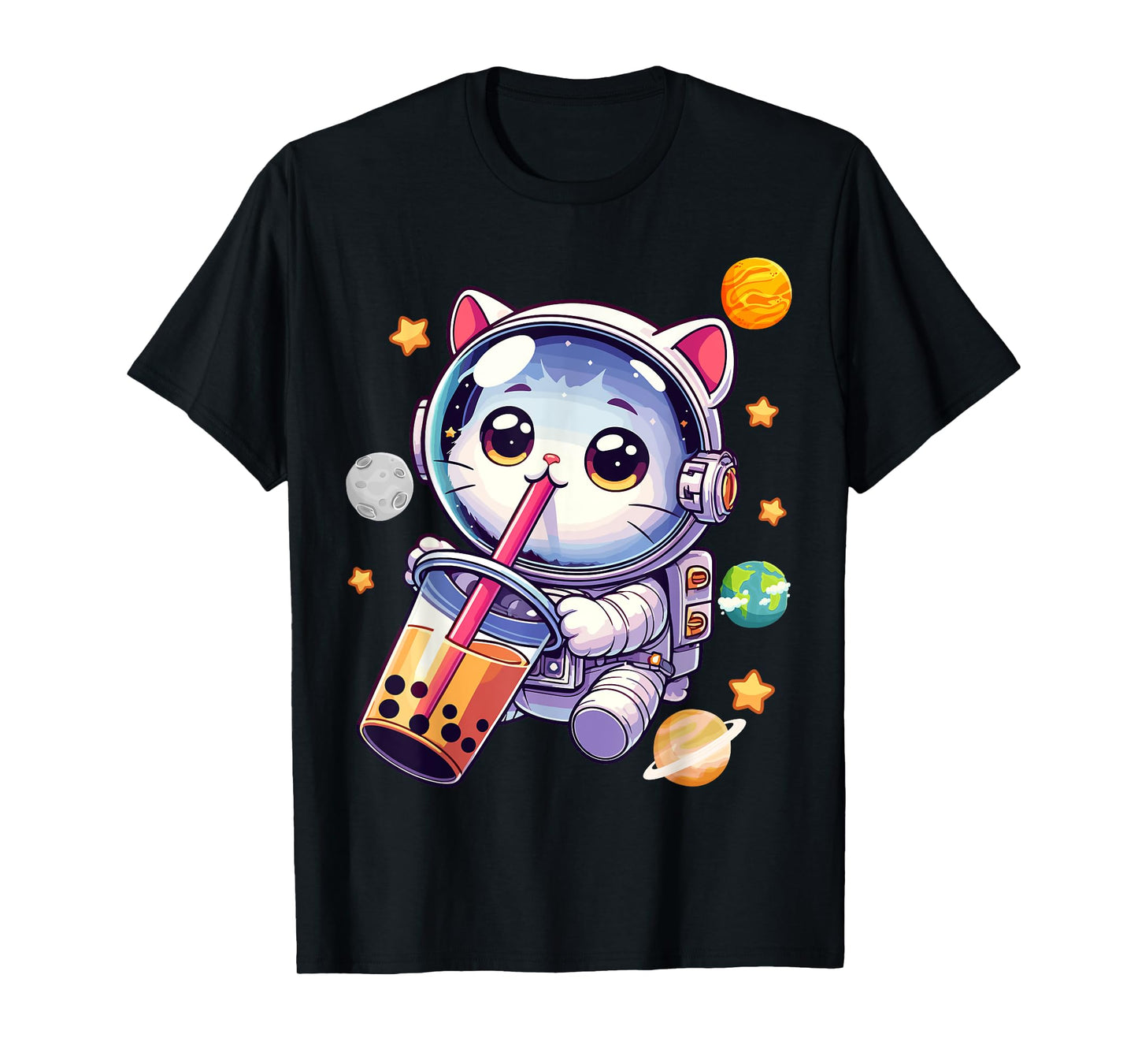Space Cat Astronaut Boba Tea Boba Cat Galaxy Cute Anime T-Shirt for Men Women Kids