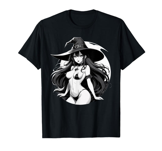 Sexy Waifu Witch Anime Girl Japanese in Black and White Art T-Shirt