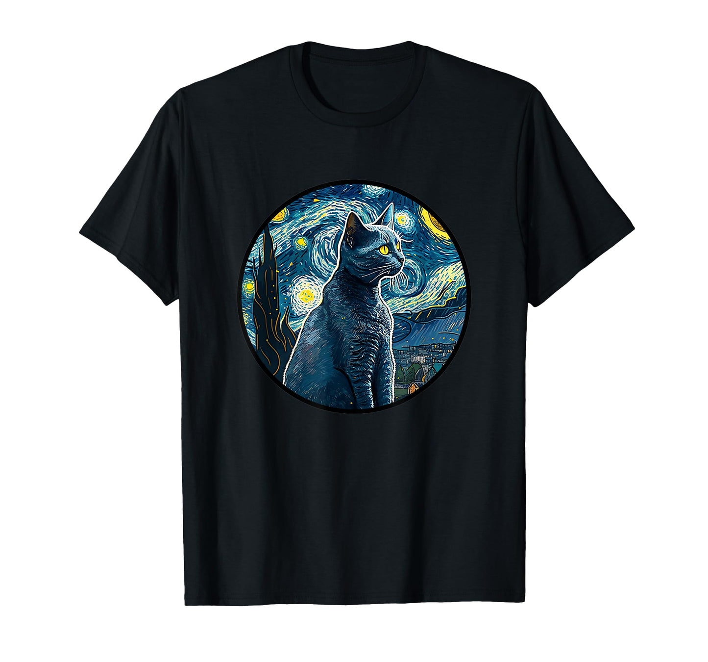 Russian Blue Cat in Starry Night Painting Men Women Kids T-Shirt