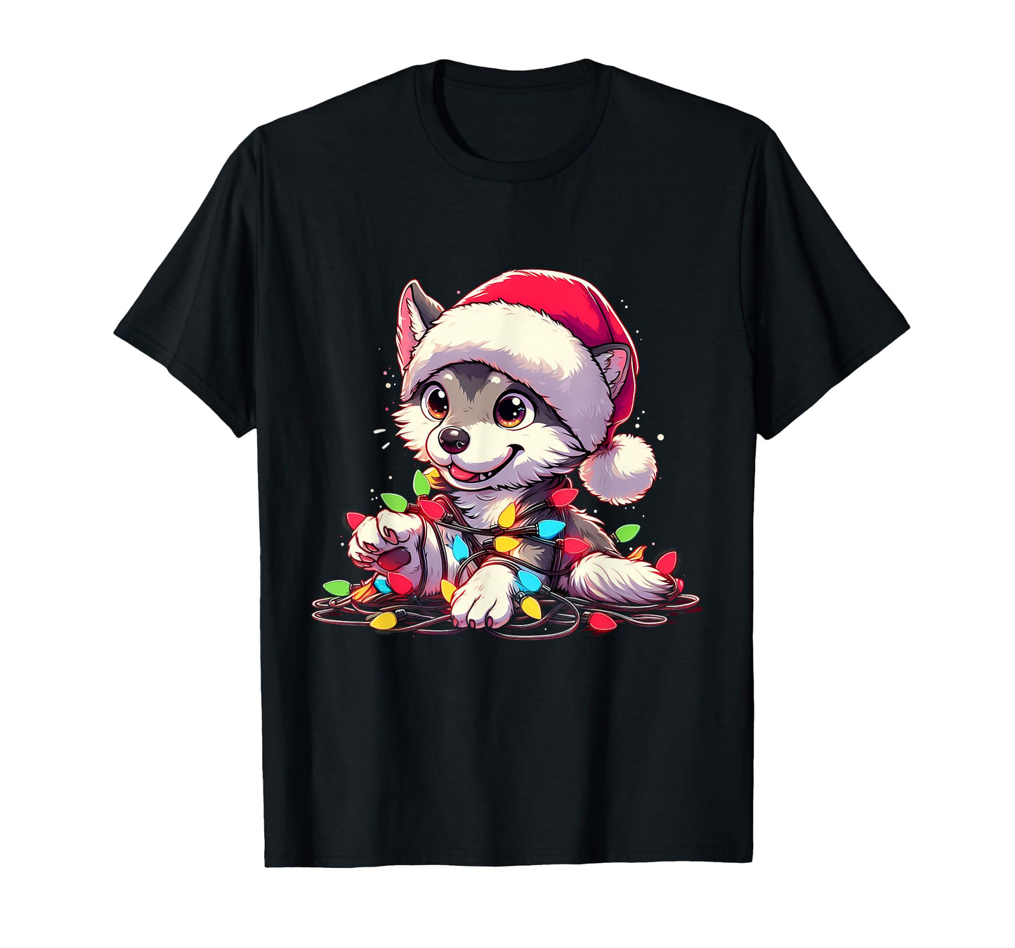 Merry Wolfmas Christmas Lights Cute Wolf Santa Hat T-Shirt
