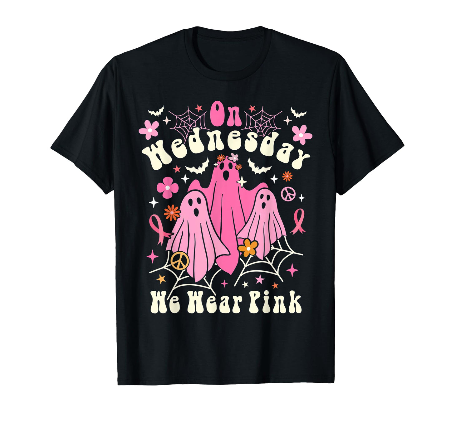On Wednesday We Wear Pink Ghost Halloween Breast Cancer 2022 T-Shirt