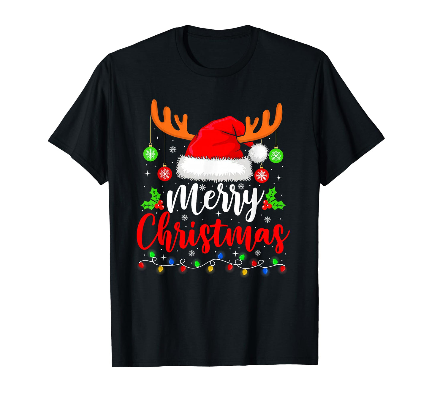 Merry Christmas Reindeer Santa Hat Xmas Family Men Women T-Shirt