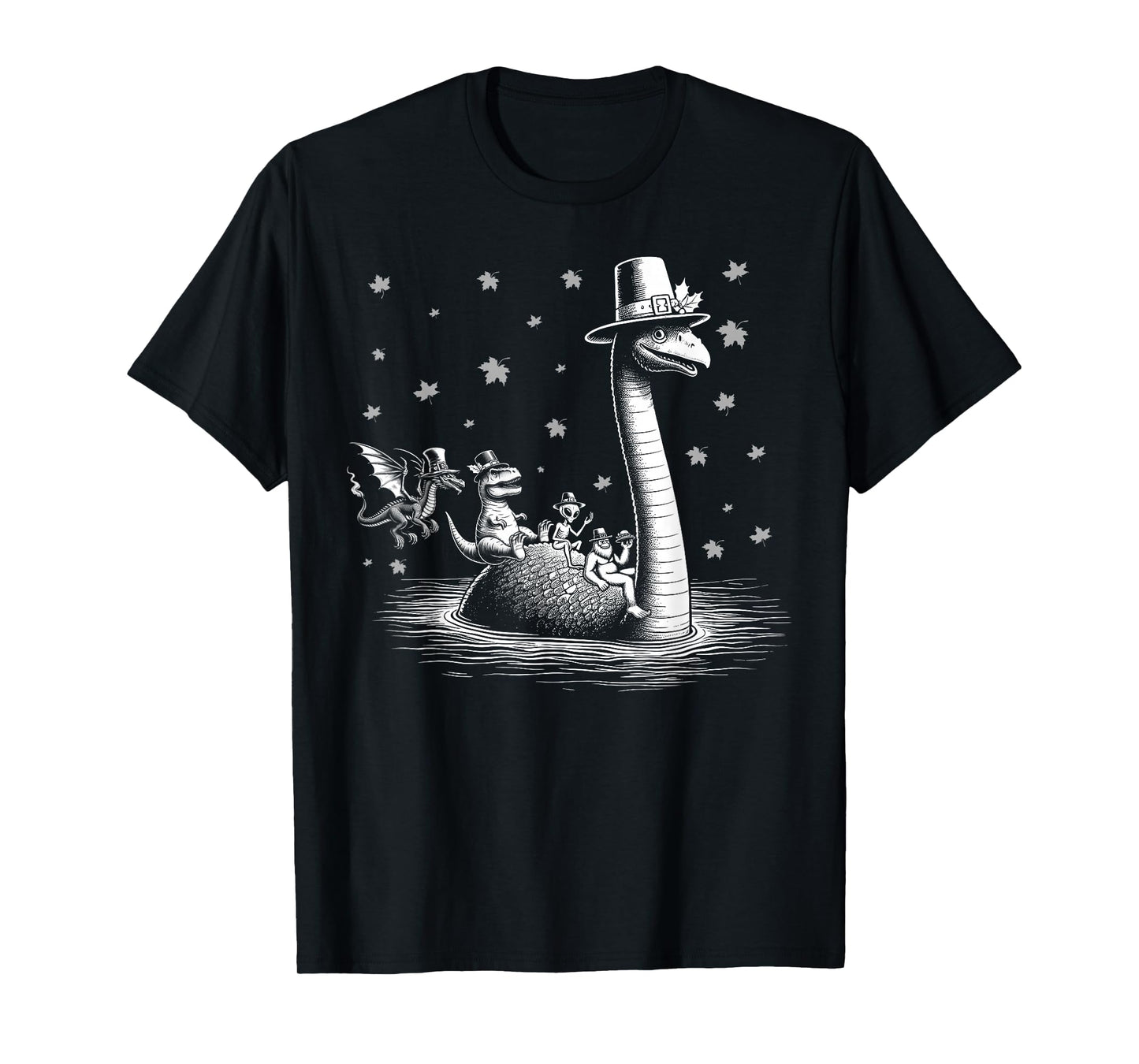 Thanksgiving Bigfoot alien riding loch Ness monster fall T-Shirt