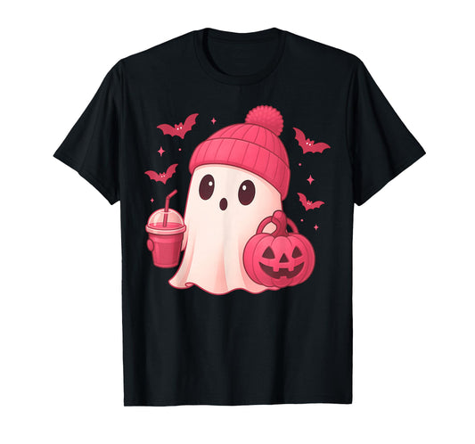 Cute Pink Ghost Coffee Halloween Ghost Coffee Men Women T-Shirt