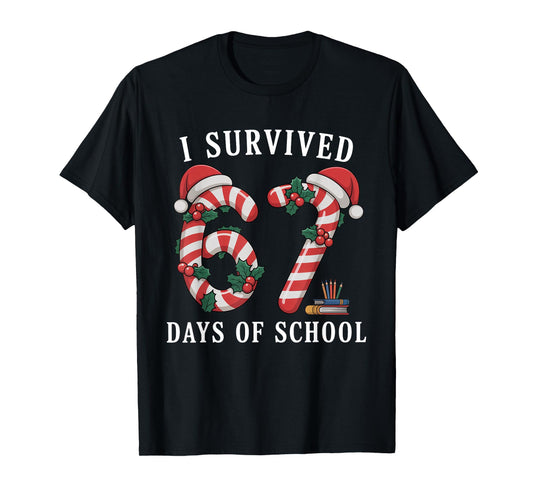 I Survived 67 Days of School Christmas Candy Cane Six Seven T-Shirt