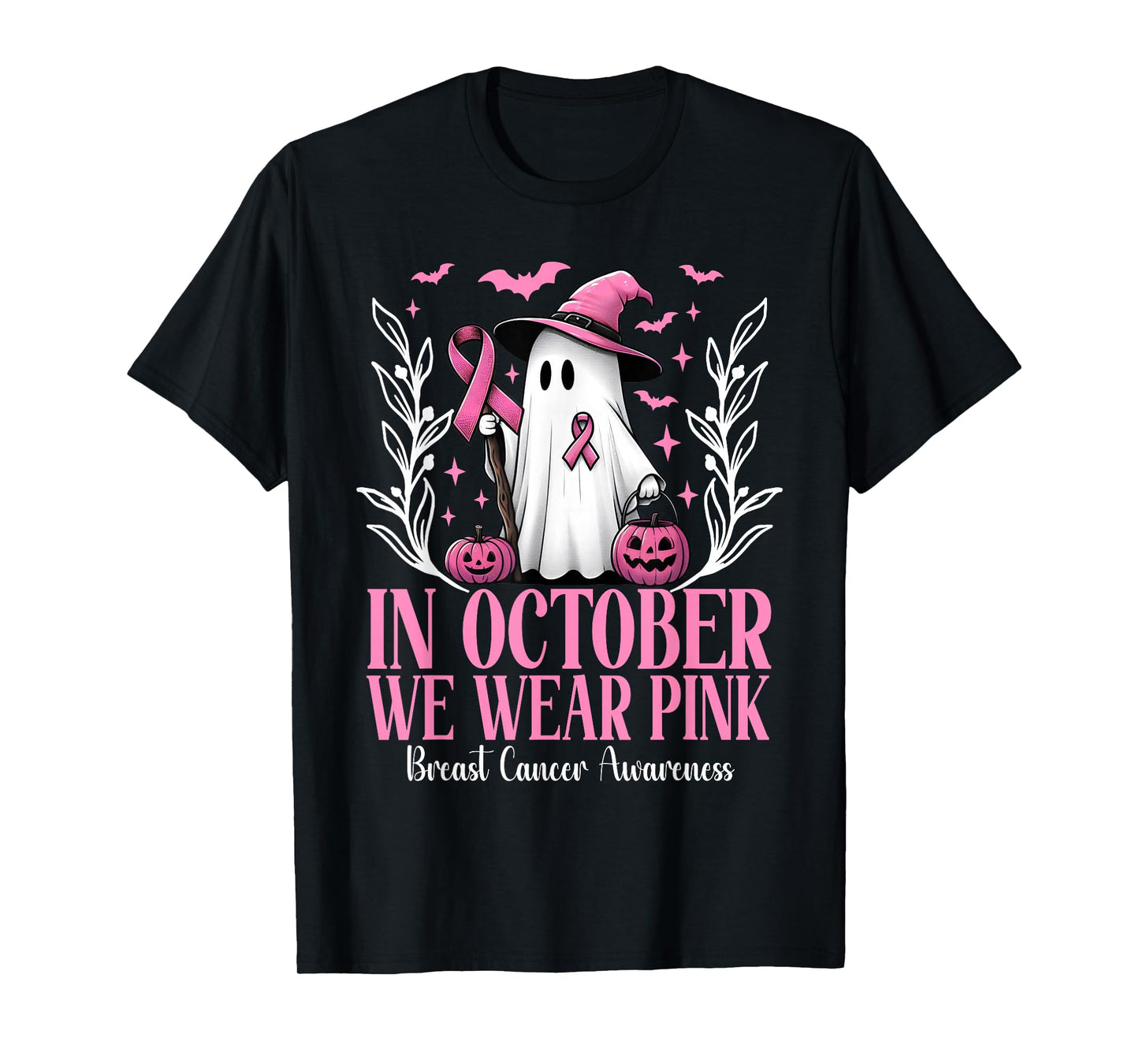 In October We Wear Pink Breast Cancer Witch Ghost Halloween T-Shirt