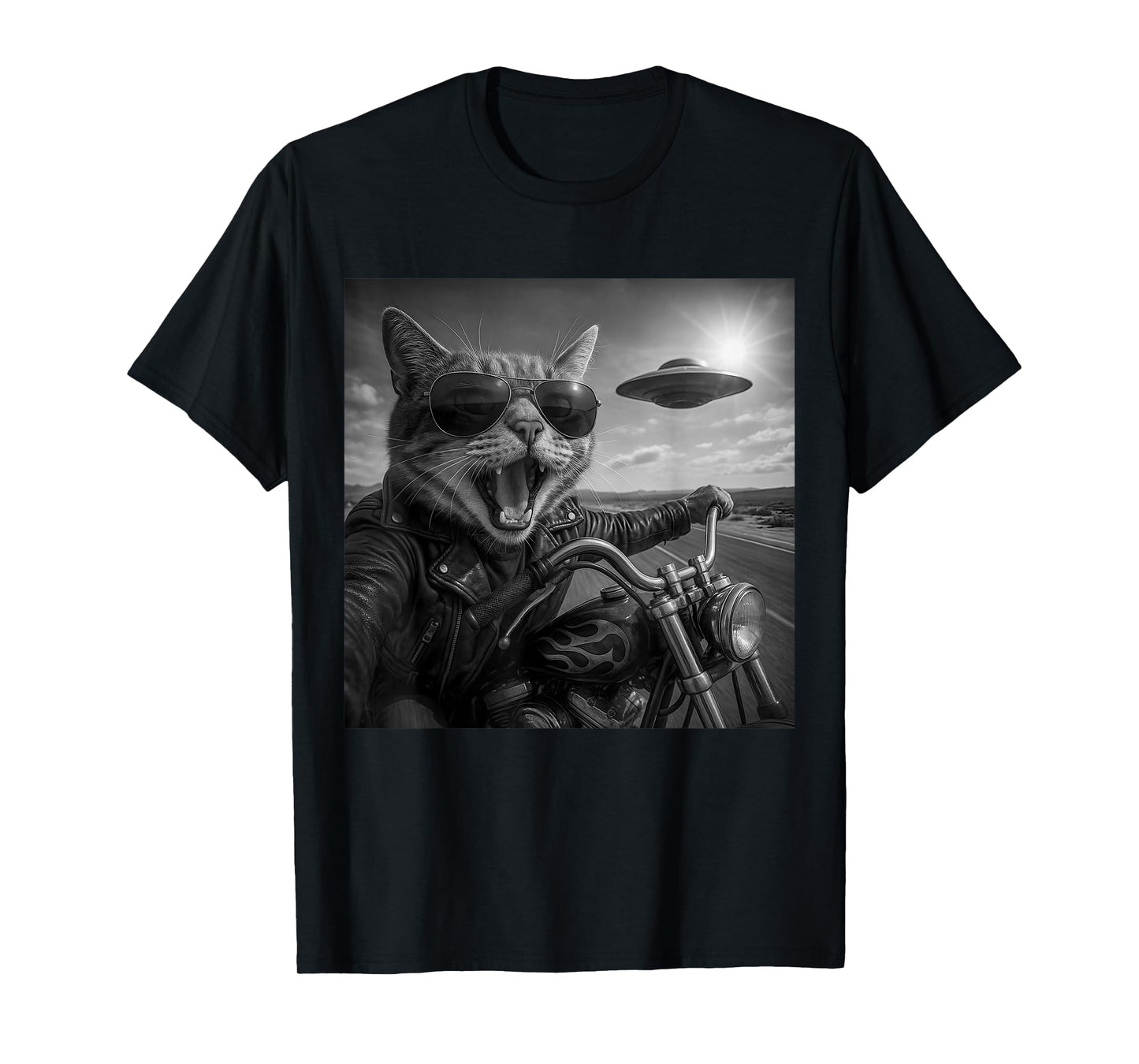 Funny Cat Biker Motorcycle Cat Selfie UFO Aliens Men Women T-Shirt