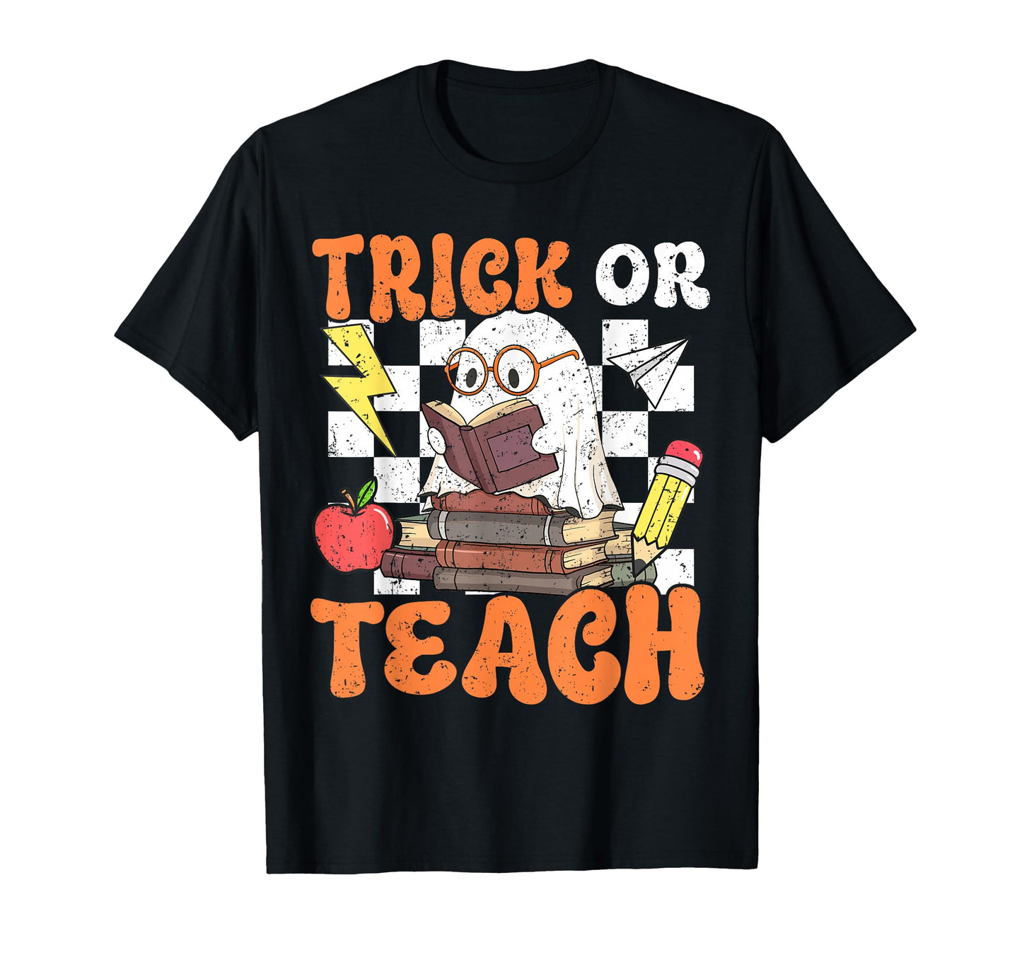 Trick or Teach Retro Halloween Teacher Reading Ghost Womens T-Shirt