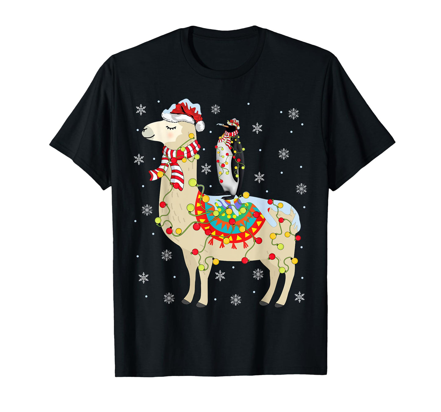 Xmas Lighting Santa Llama Riding Penguin Christmas T-Shirt