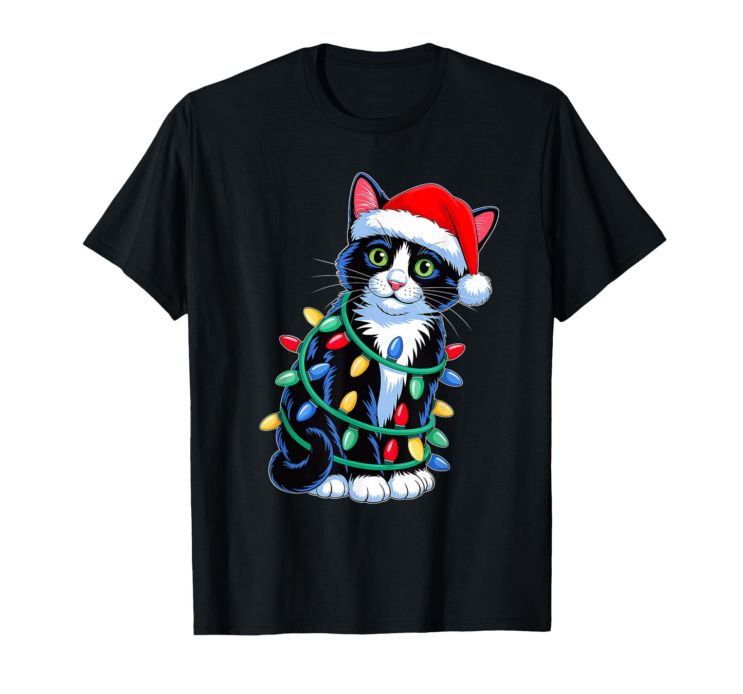 Black Cat Christmas Lights Santa Hat Xmas Family Men Women T-Shirt