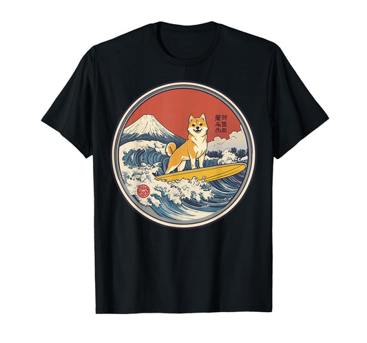 Japanese Shiba Inu Surfing Wave Great Wave Japan T-Shirt