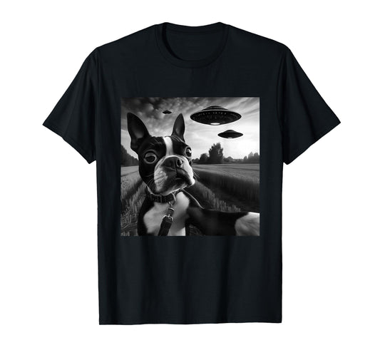 Boston Terrier Funny Graphic Selfie with UFOs Weird Aliens T-Shirt
