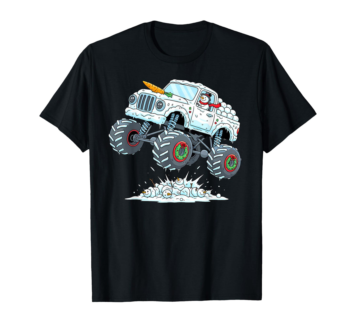 Funny Snowman Riding Monster Truck Christmas Boys Kids T-Shirt