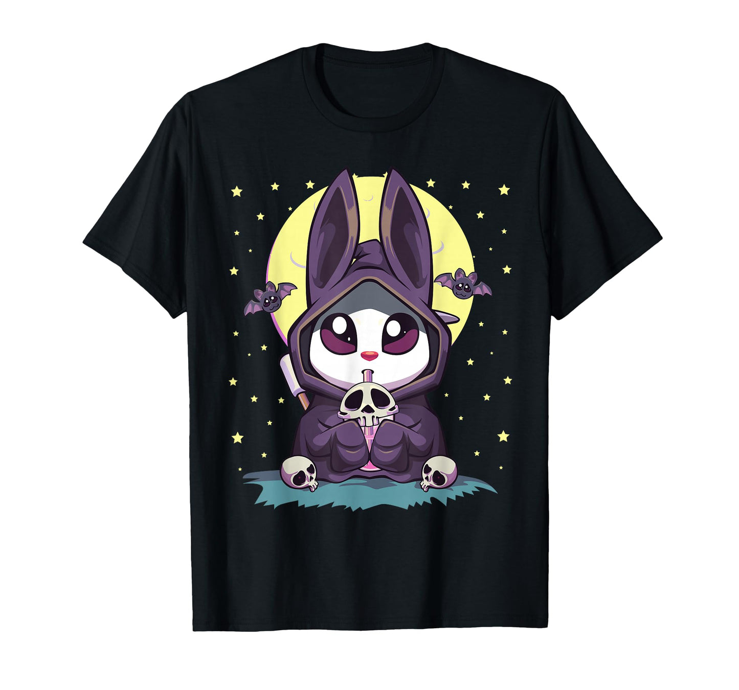 Pastel Goth Kawaii Anime Moon Bunny Reaper With Boba Tea T-Shirt