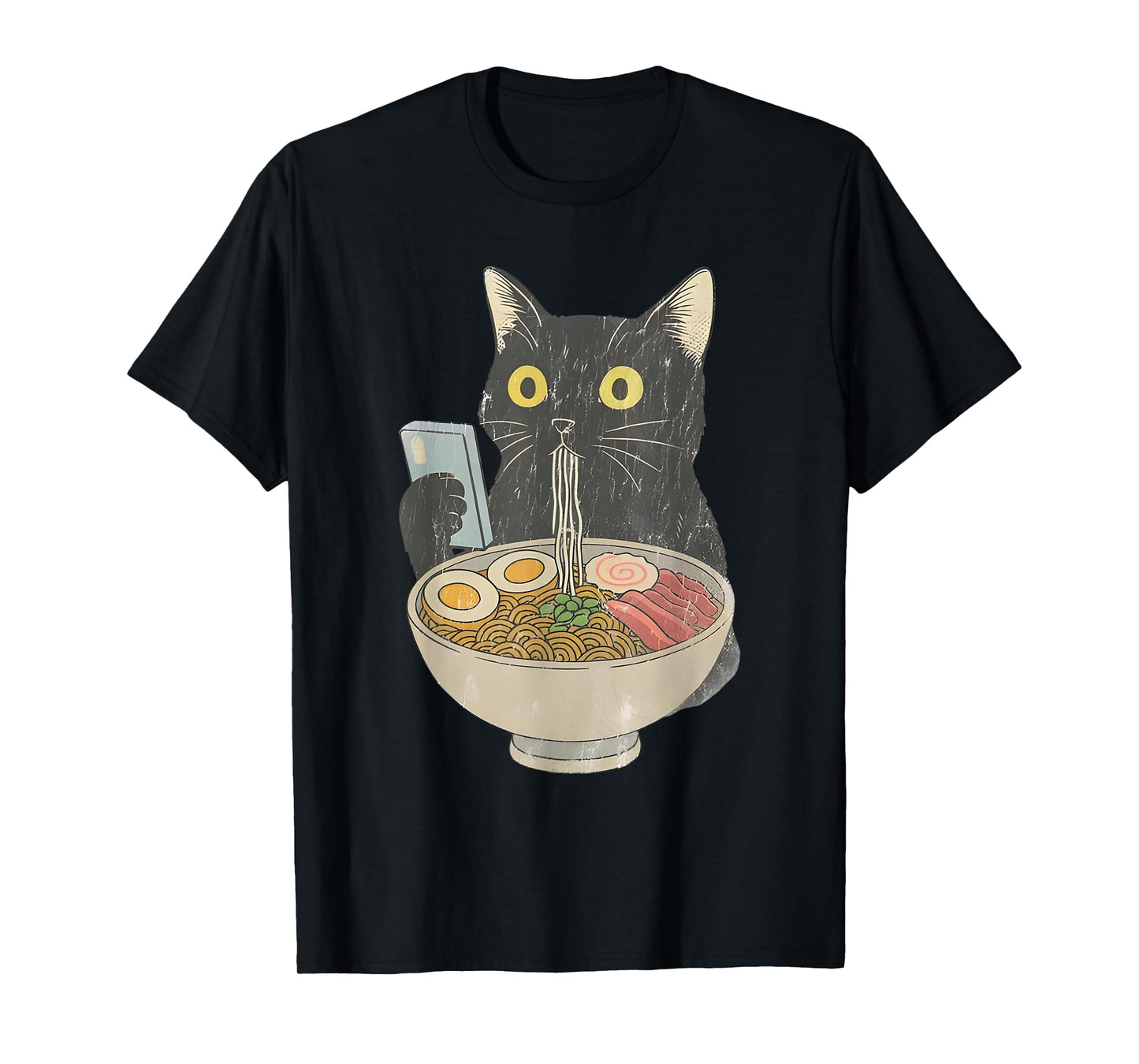 Kawaii Cat Eating Ramen Noodles with Phone Funny Anime Cats T-Shirt