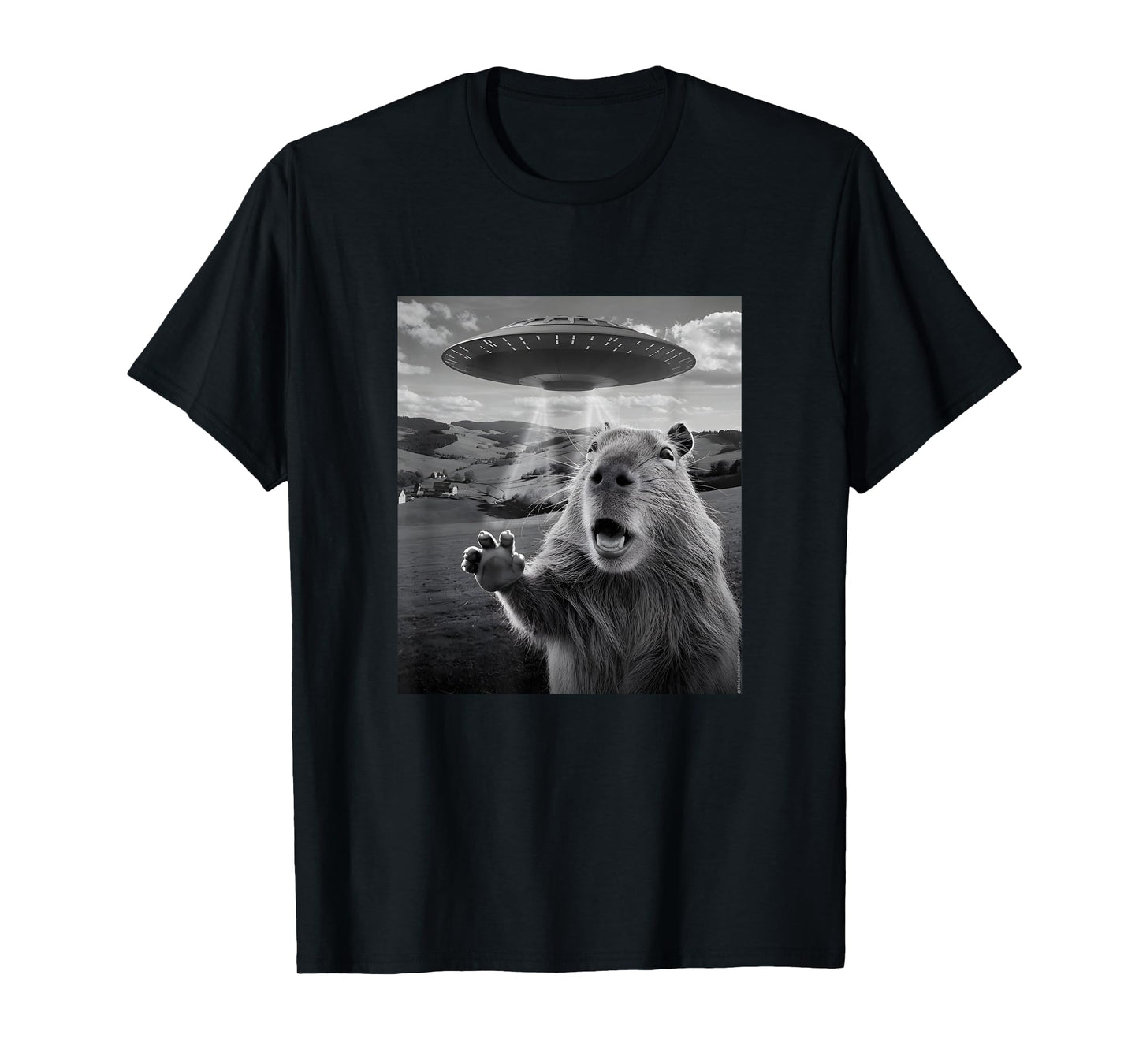 Alien UFO with Scared Capybara Funny UFO T-Shirt