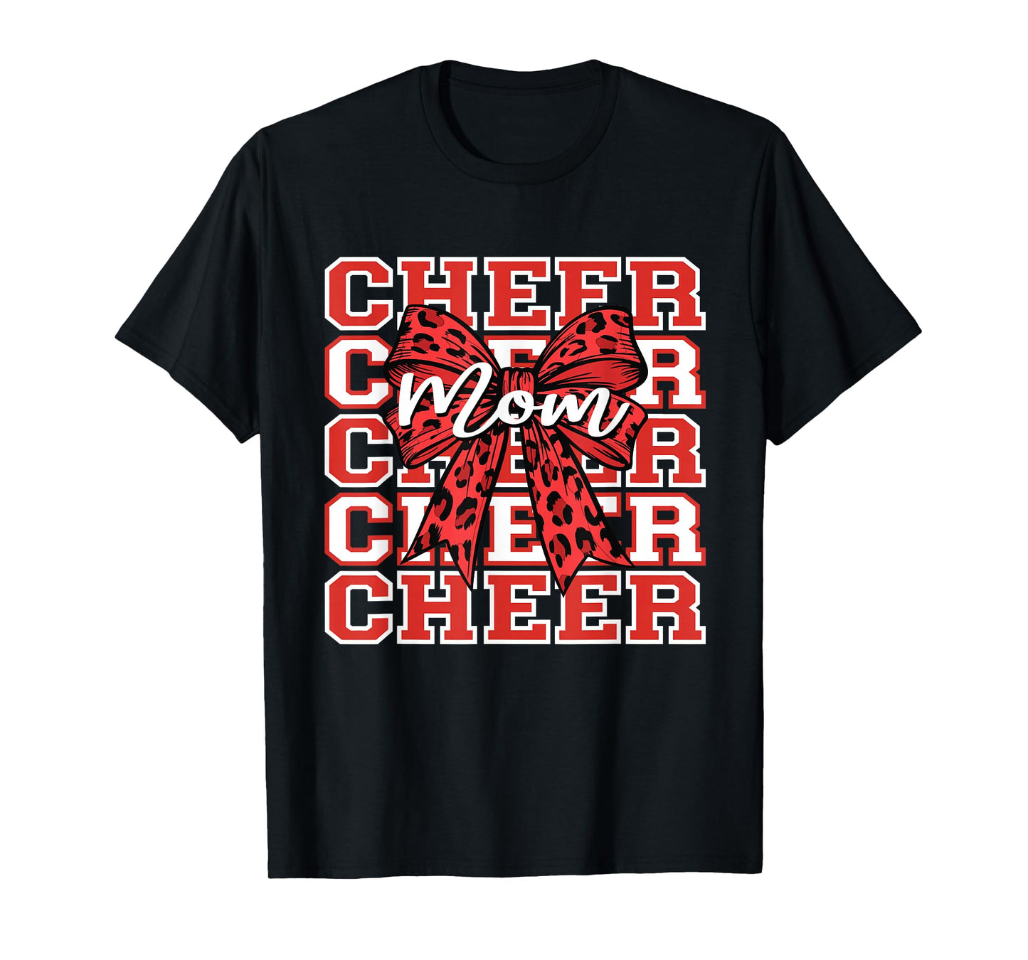 Football Cheer Mom Game Day Red Leopard Bow Cheerleading T-Shirt