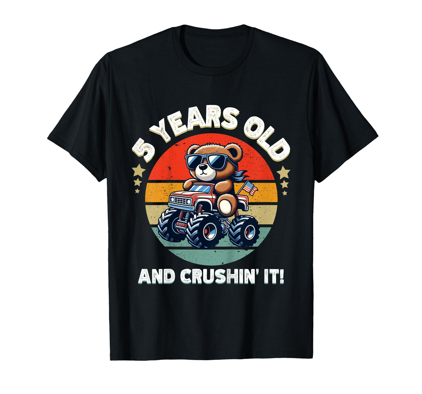 Kids Retro 5th Birthday Monster Truck Teddy Bear Crushin' It Boys T-Shirt