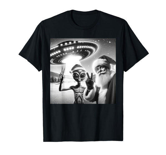 Funny Santa Selfie Alien UFO Lover Peace Sign Ugly Christmas T-Shirt