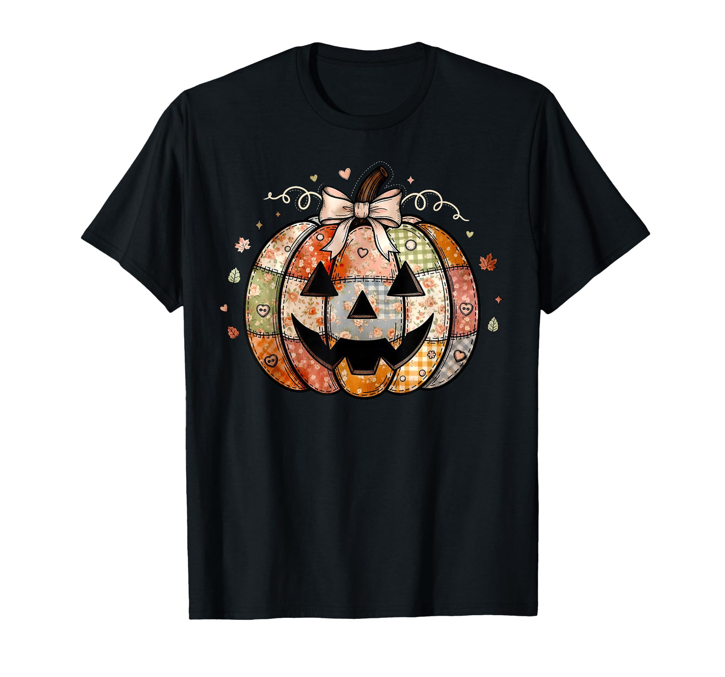 Coquette Bow Jack O Lantern Patchwork Happy Halloween Spooky T-Shirt