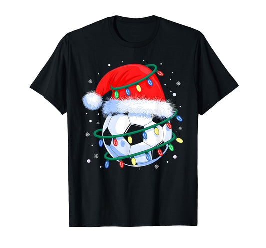 Funny Christmas Soccer Men Boys Santa Hat Xmas Tree Lights T-Shirt