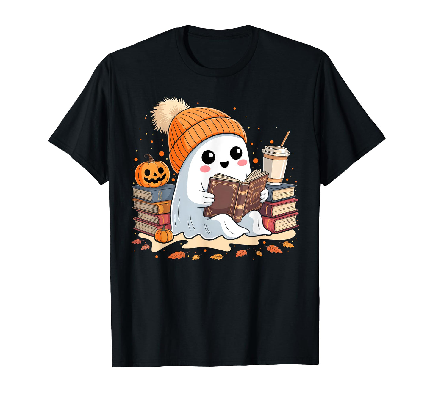 Ghost Reading Book Lovers Halloween Cute Ghost Coffee Women T-Shirt