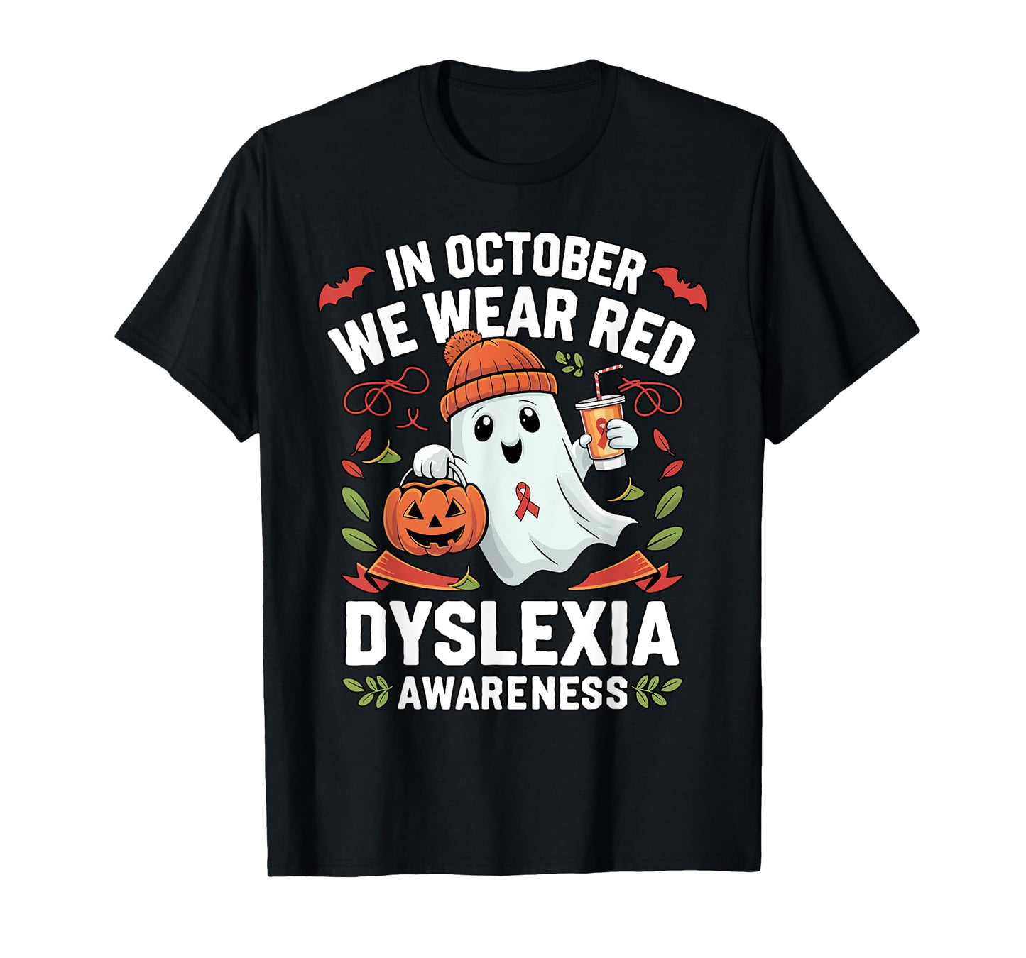 Awareness Ribbon October Wear Red Dyslexia Awareness Ghost T-Shirt