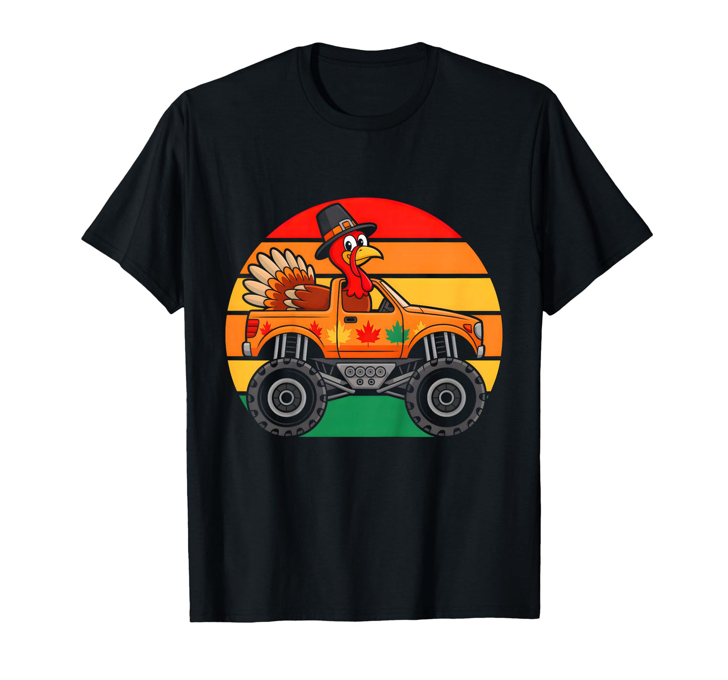 Kids Monster Truck Turkey Sunset Retro Funny Thanksgiving Boys T-Shirt