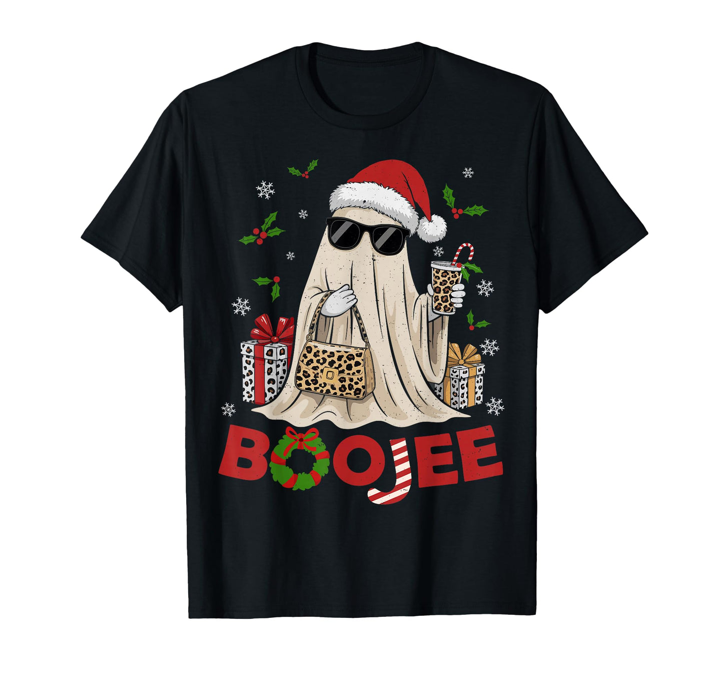 Ghost Santa Christmas Halloween Boo-JEE Leopard Coffee Funny T-Shirt