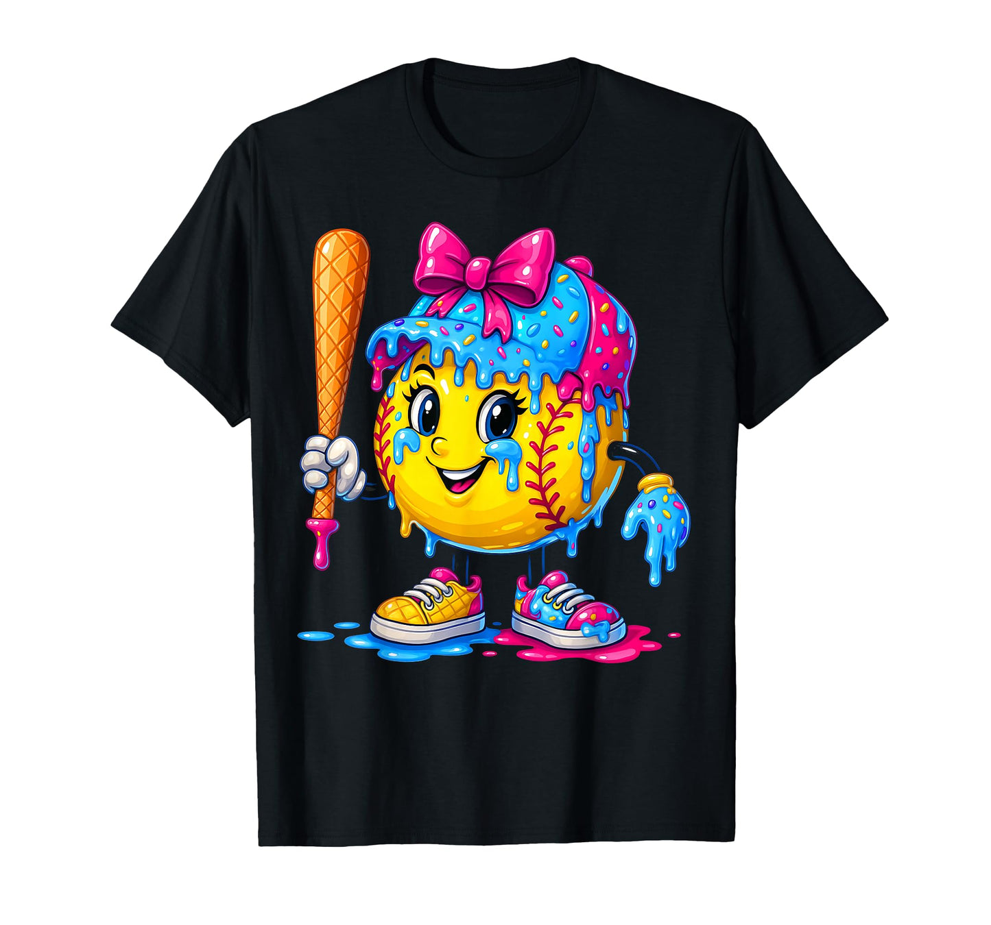 Softball Girls Ice Cream Drip Bat Sweet Sport Youth Game Day T-Shirt