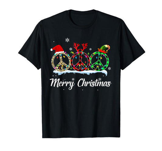 Hippie Peace Sign Santa Hat Reindeer Merry Christmas T-Shirt