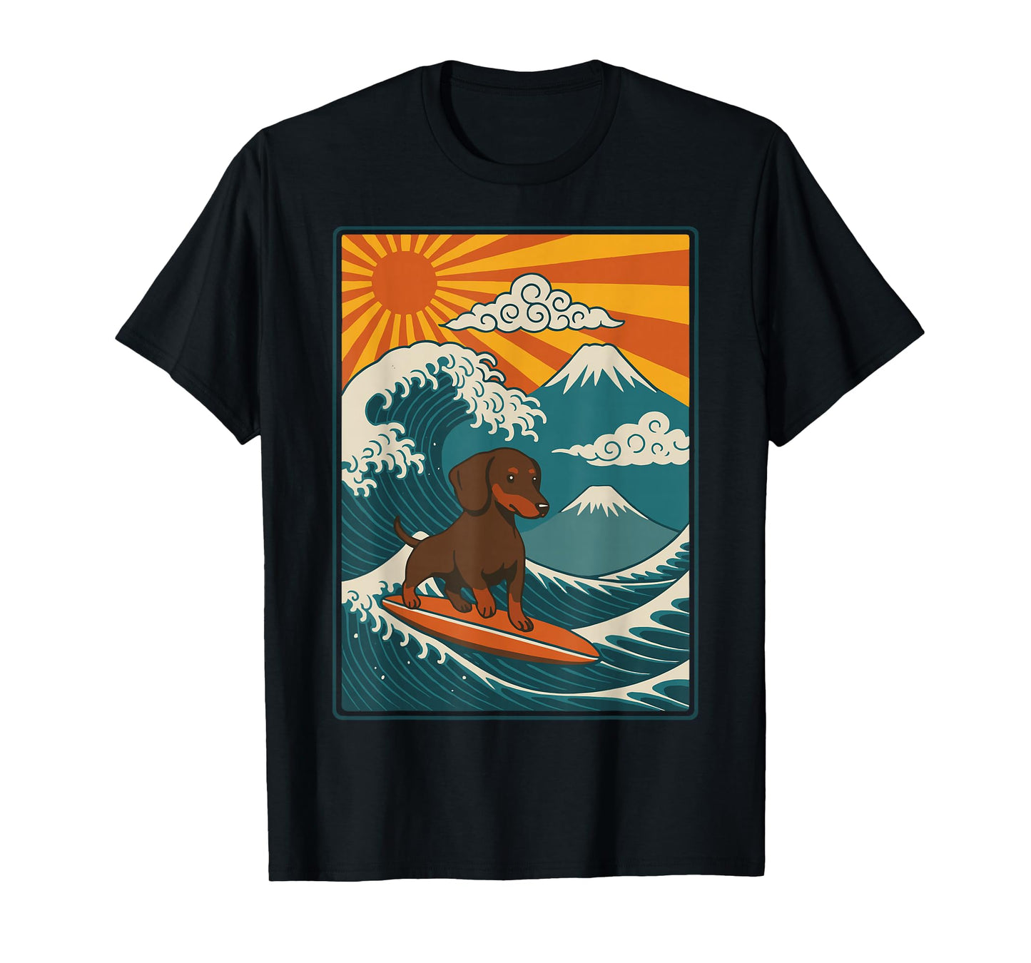 Dachshund Surfing Japanese Wave Weiner Dog T-Shirt
