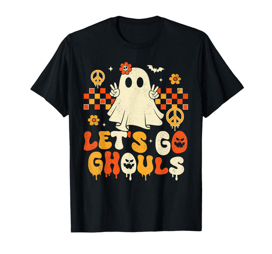 Halloween Lets Go Ghouls Ghost Retro Groovy Women Girl Kids T-Shirt