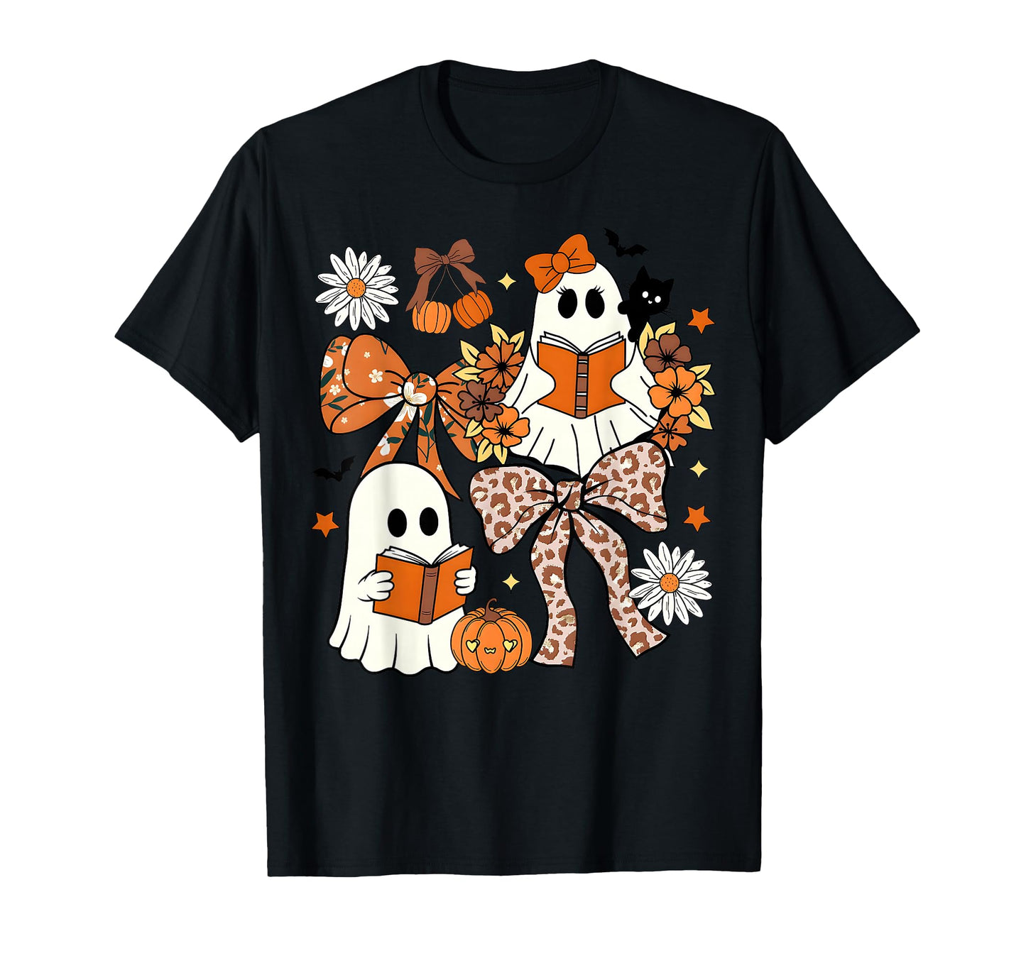 Ghost Reading Books Leopard Pumpkin Coquette Bow Halloween T-Shirt