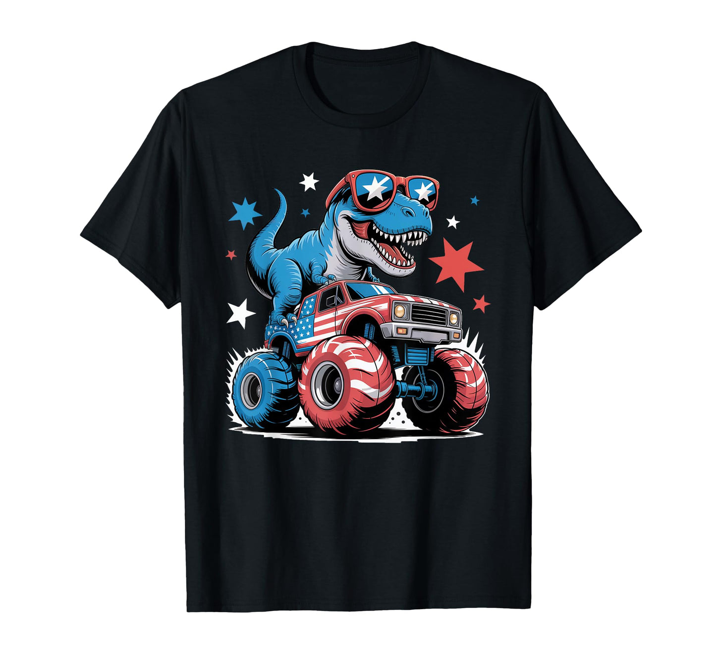 4th of July Patriotic Dinosaur Monster Truck USA Flag kids T-Shirt