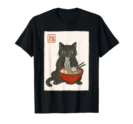 Funny Japanese Kawaii Anime Men Kids Women Cat Eats Ramen T-Shirt