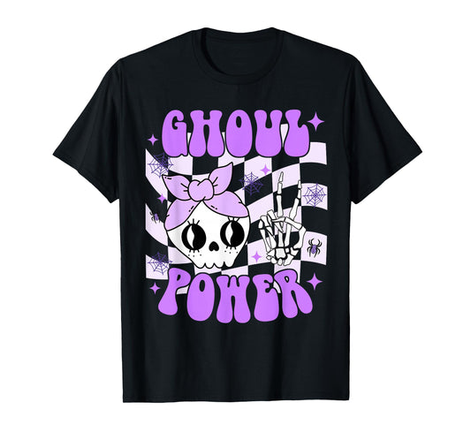 Ghoul Power Halloween Skeleton Peace Hand Checkered Girl Kid T-Shirt