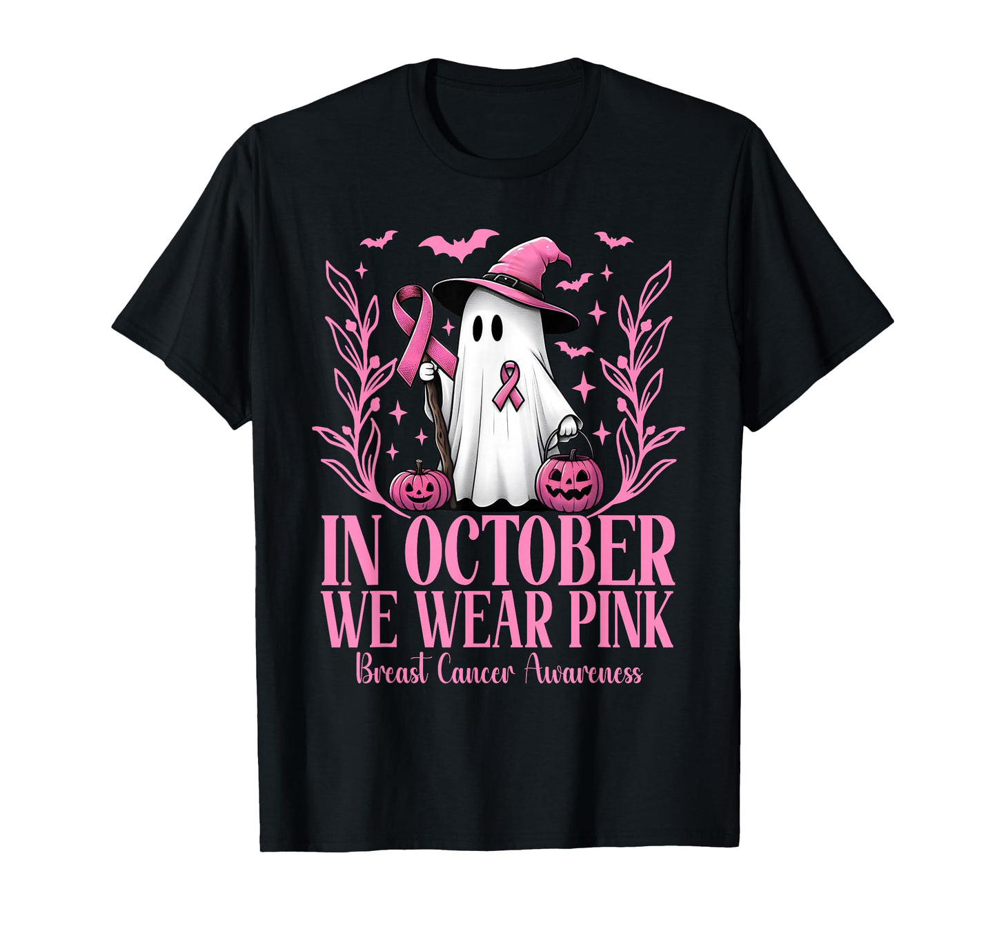 In October We Wear Pink Breast Cancer Witch Ghost Halloween T-Shirt
