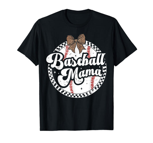 Baseball Mom Leopard Bow Checkered Mama Sports Game Day T-Shirt