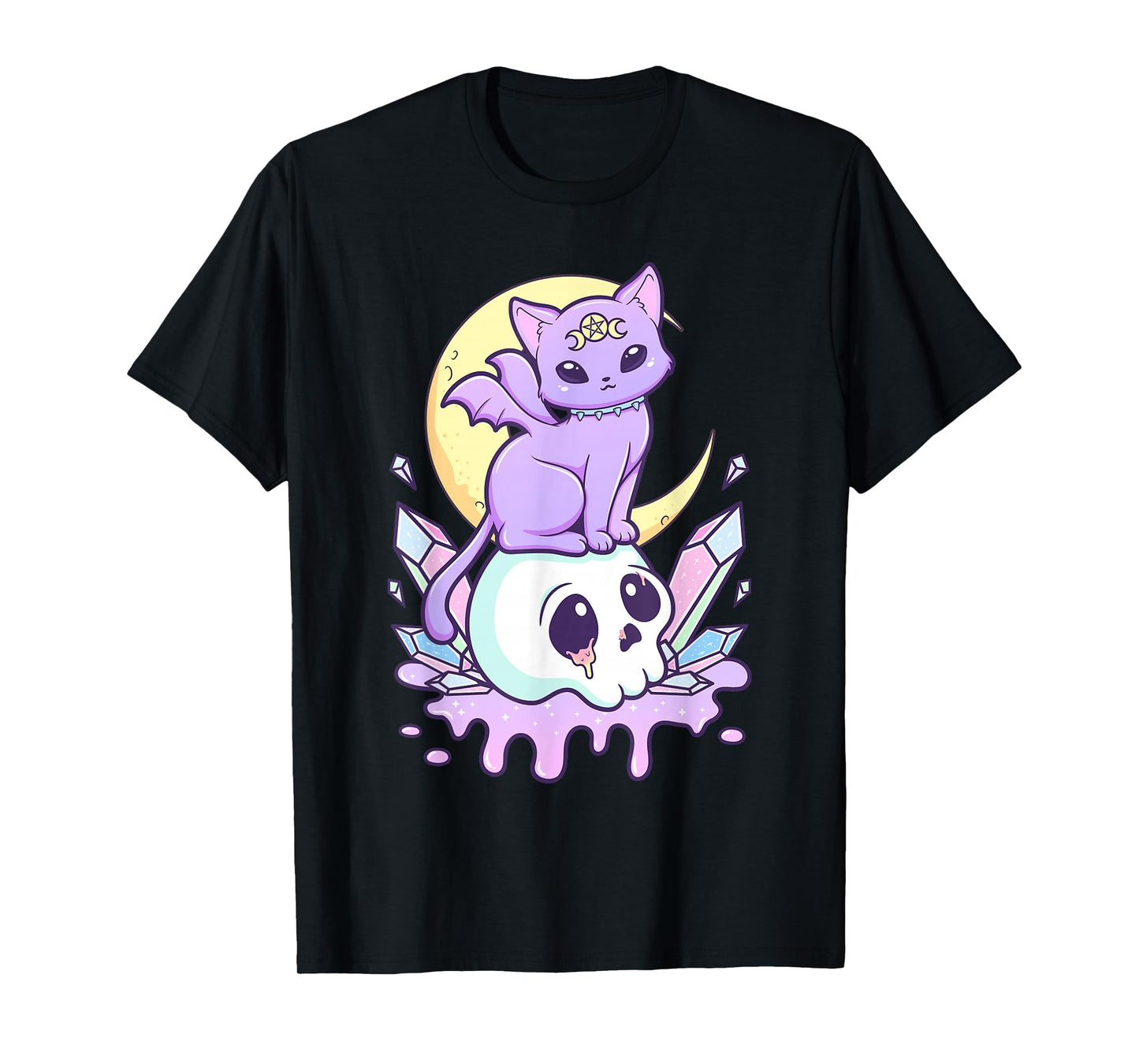 Kawaii Pastel Goth Cute Scary Witchy Cat and Skull T-Shirt