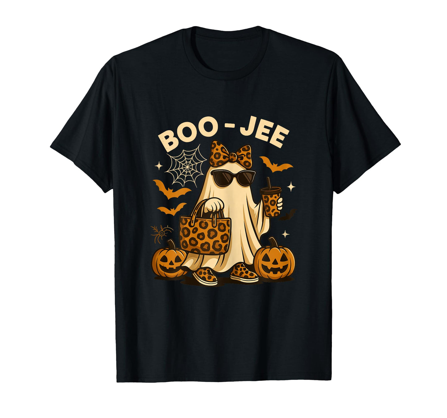 Halloween Shirts for Women Leopard Boo JEE Ghost with Coffee T-Shirt