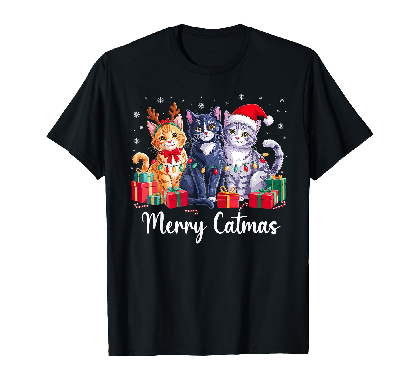 Merry Catmas Cat Christmas Light Reindeer Santa Cat Lover T-Shirt